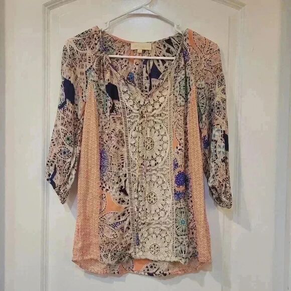 𝅺Lucy & Laurel Women's Blue/Orange/Cream Lace Tunic Blouse - Picture 2 of 10